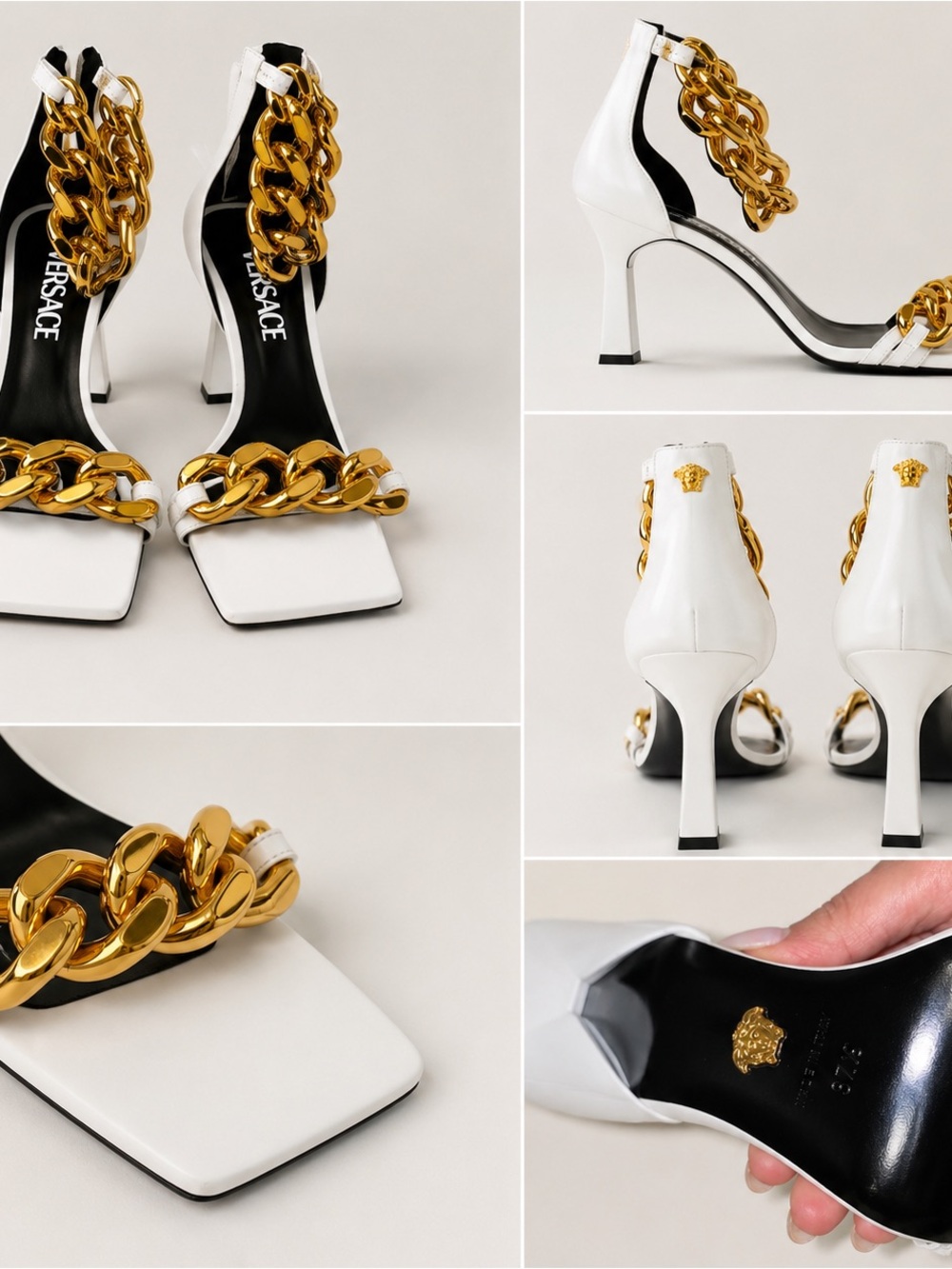 Versace White Leather High Heel Sandals with Gold Chain Detail